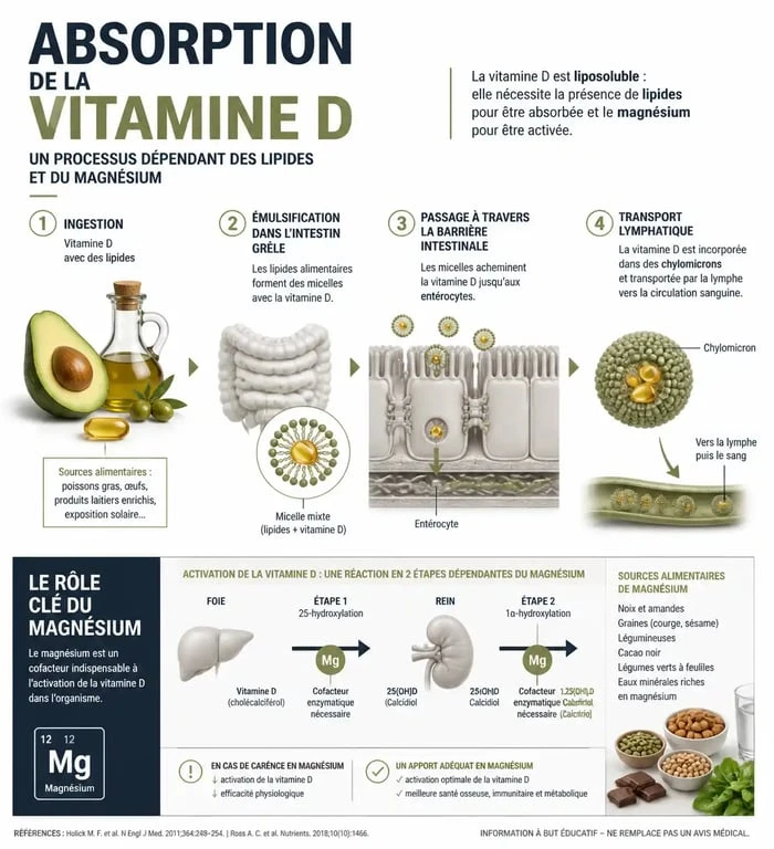 Schéma explicatif de l'absorption de la vitamine D et pourquoi prendre la vitamine D le soir avec des lipides