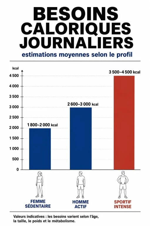Infographie des besoins caloriques journaliers par profil pour atteindre 2000 calories par jour