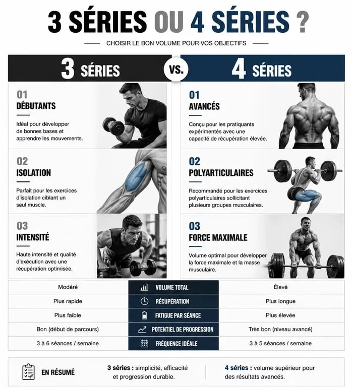 Infographie comparative : 3 ou 4 séries en musculation pour optimiser sa progression