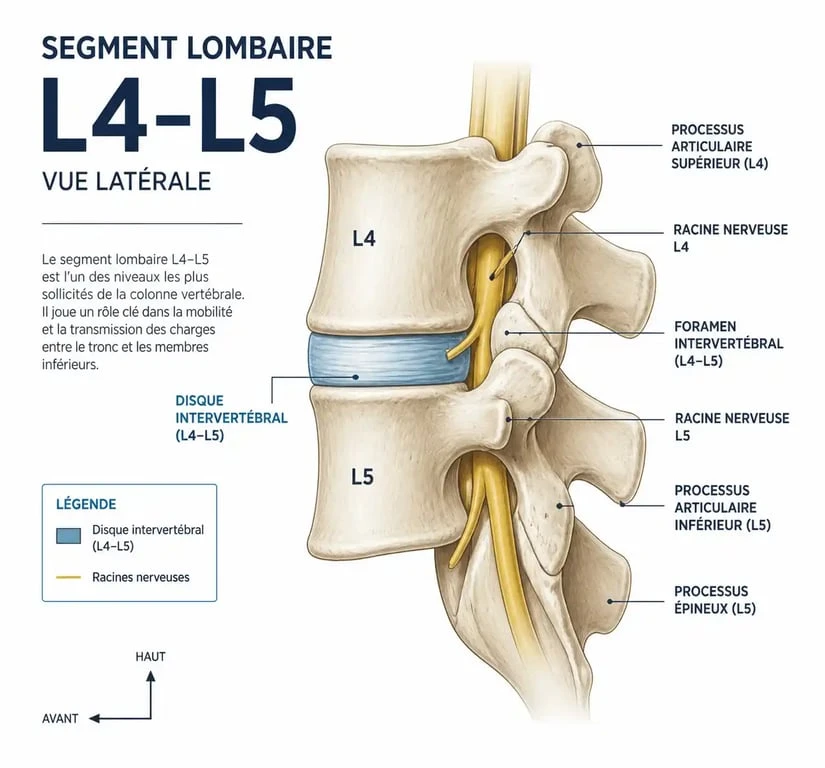 Schéma anatomique du segment lombaire L4-L5 illustrant la discopathie
