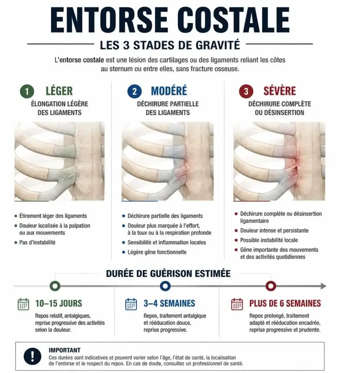Infographie des stades de guérison d'une entorse costale et durée de convalescence