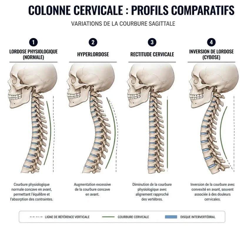 Schéma anatomique illustrant les différentes variantes de la lordose cervicale : normale, hyperlordose, rectitude et inversion.