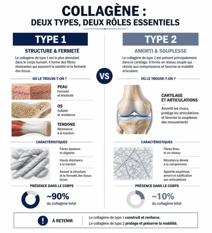 Infographie comparative des bienfaits et localisations du collagène de type 1 ou 2 pour la santé.