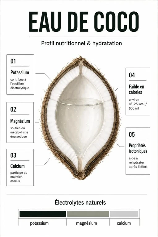 Infographie sur les bienfaits de l'eau de coco et ses apports nutritionnels