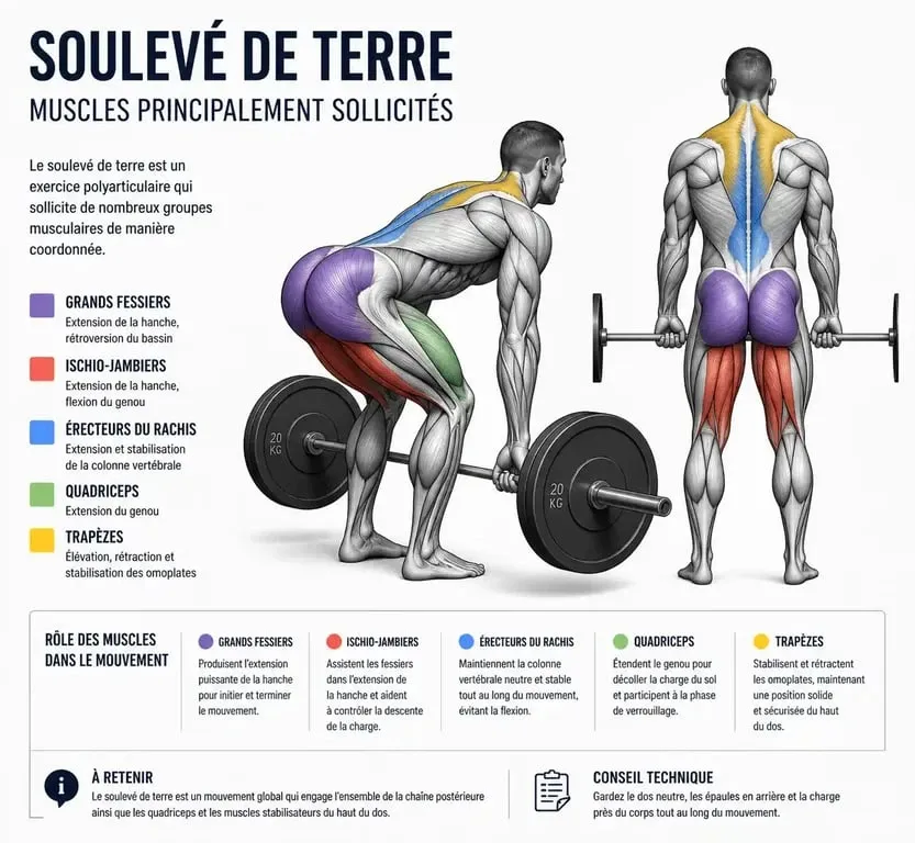 Schéma des muscles sollicités lors d'un soulevé de terre (deadlift)