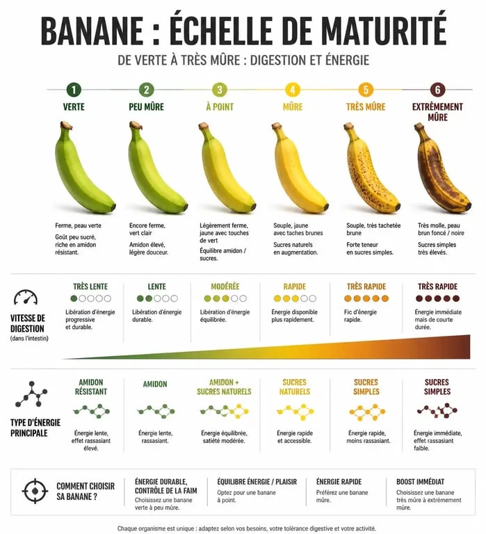 Infographie sur les bienfaits de manger une banane avant le sport selon sa maturité