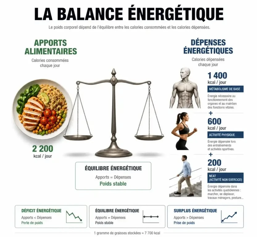 Schéma explicatif de la balance énergétique pour être en déficit calorique