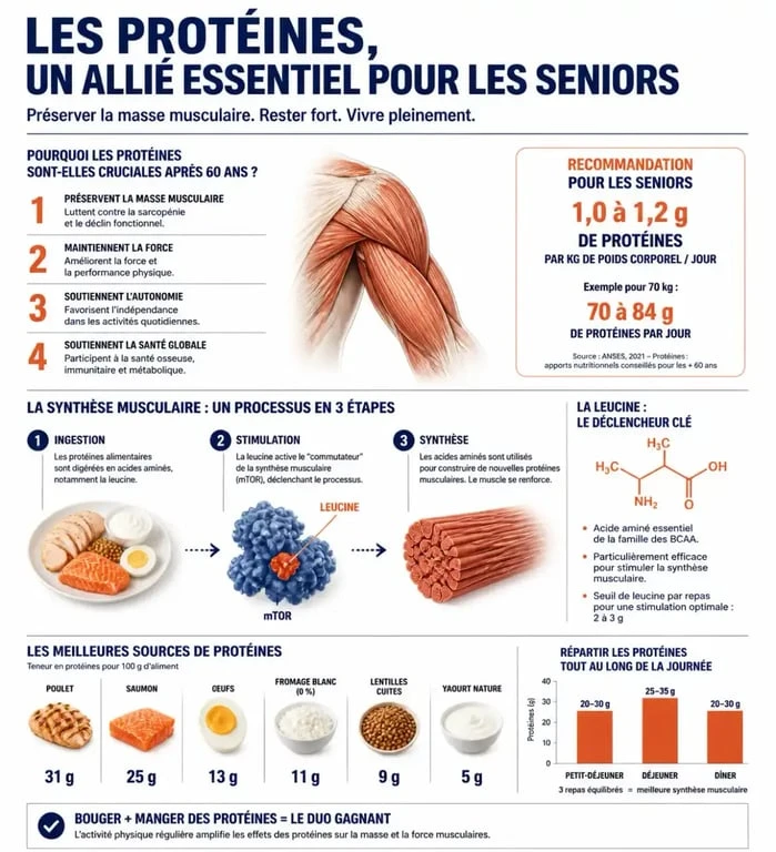 Infographie sur les aliments riches en protéines pour personnes âgées et leurs bienfaits musculaires