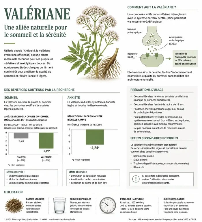 Infographie sur les bienfaits et effets secondaires de la valériane pour le sommeil