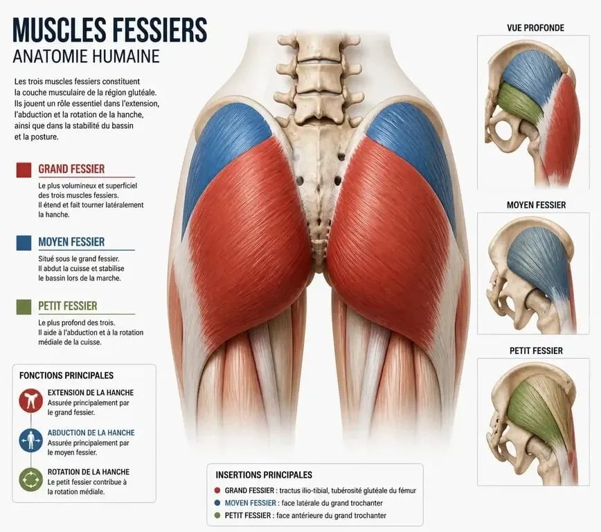 Schéma anatomique des muscles fessiers chez la femme : grand, moyen et petit fessier
