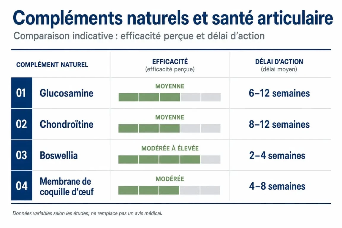 Infographie comparative des meilleurs compléments alimentaires contre l'arthrose : efficacité et délais d'action
