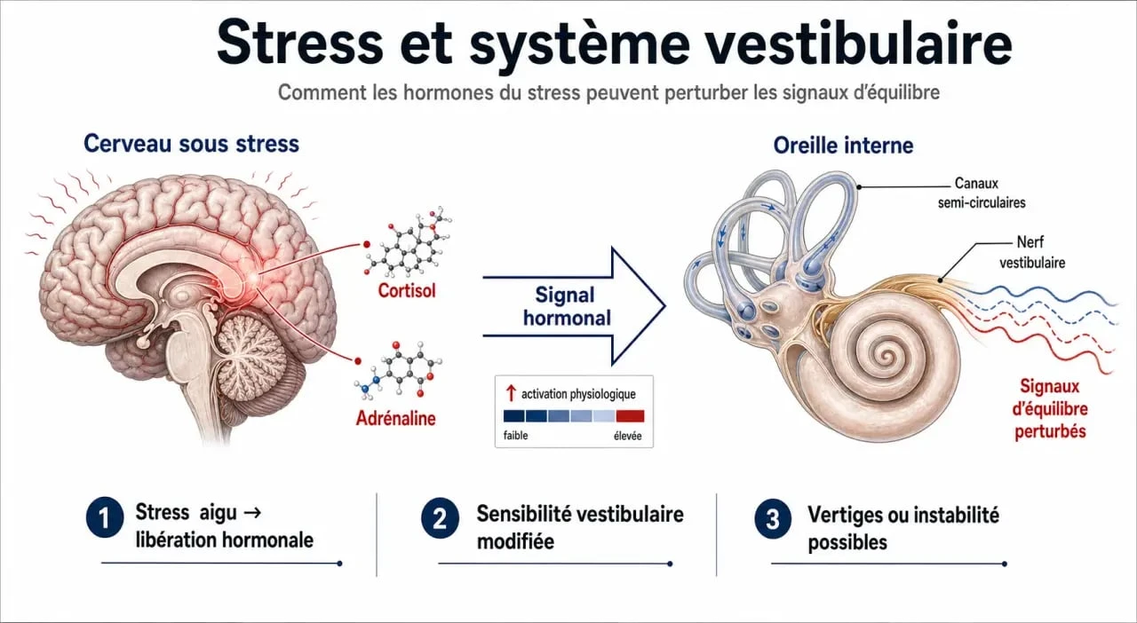 Schéma explicatif du lien entre le stress et les vertiges : mécanisme physiologique