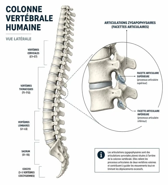 Schéma anatomique des articulations zygapophysaires de la colonne vertébrale illustrant l'arthrose zygapophysaire.