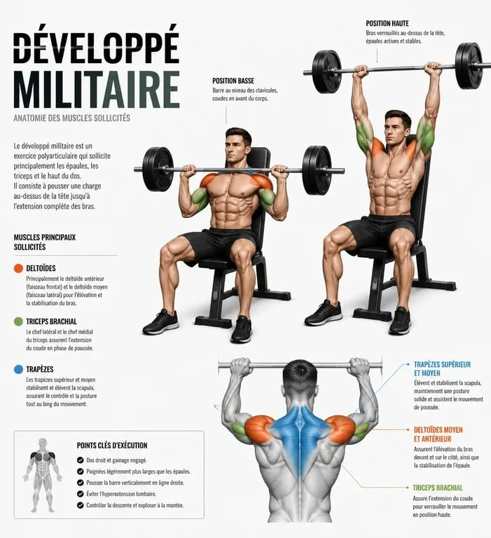 Schéma anatomique des muscles sollicités lors du développé militaire