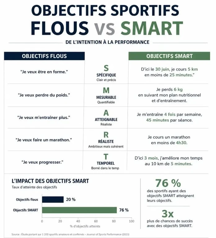 Infographie comparant les objectifs sportifs flous aux objectifs SMART pour se motiver à faire du sport