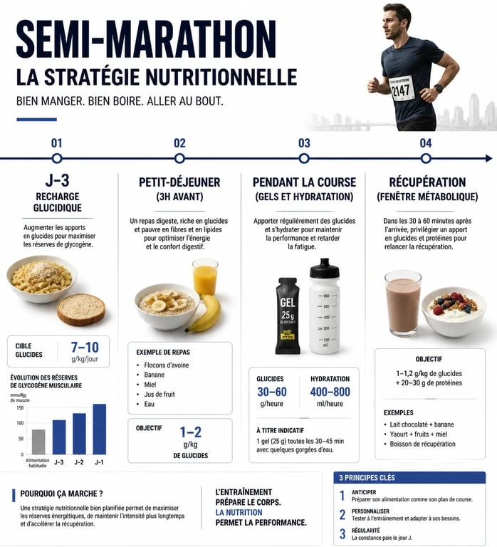 Infographie de la stratégie nutritionnelle pour un semi-marathon : recharge glucidique, hydratation et récupération