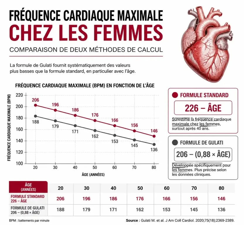 Graphique comparatif des méthodes de calcul de la FC max pour femme, incluant la formule de Gulati.