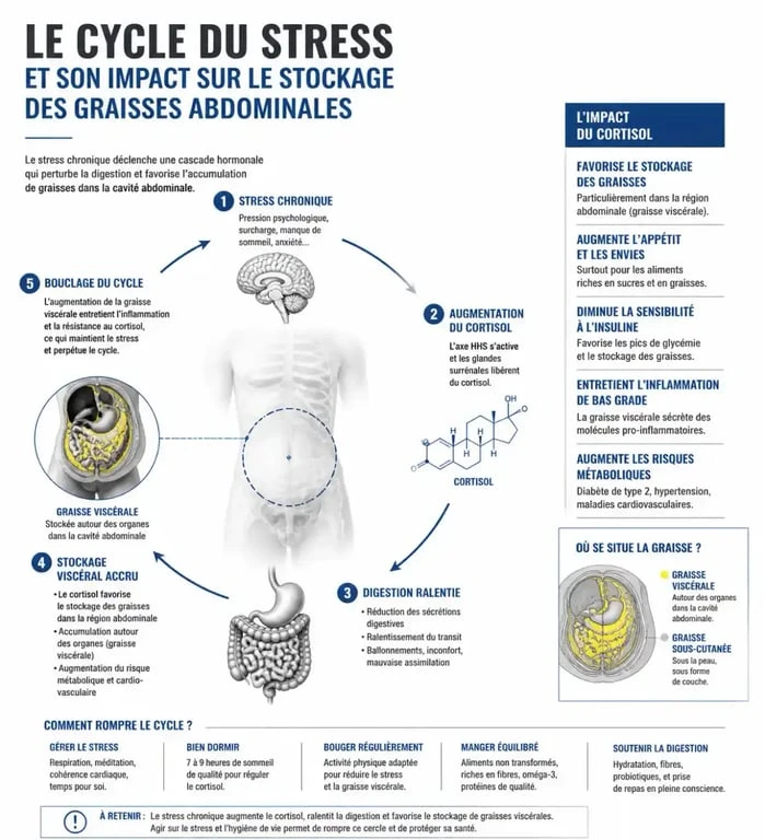 Schéma explicatif du lien entre taux de cortisol élevé et ventre gonflé