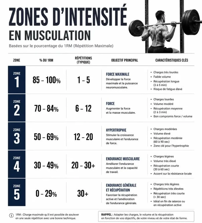 Infographie des zones d'intensité et calcul 1RM en musculation