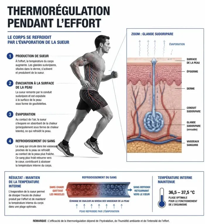 Infographie sur le mécanisme physiologique de la transpiration et la thermorégulation pendant le sport