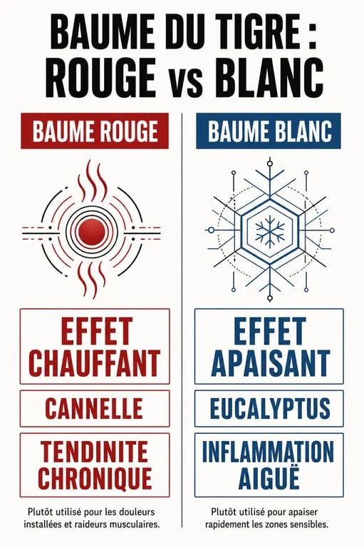 Infographie comparative des bienfaits du baume du tigre rouge et du baume du tigre blanc pour soulager une tendinite