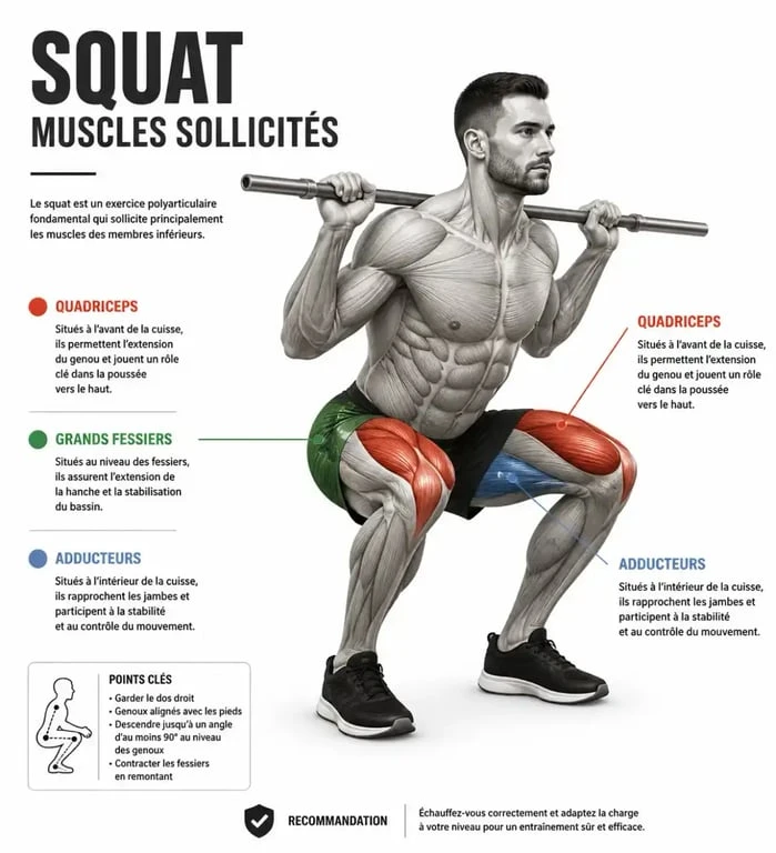Schéma anatomique des muscles sollicités lors du squat : quadriceps, fessiers et adducteurs
