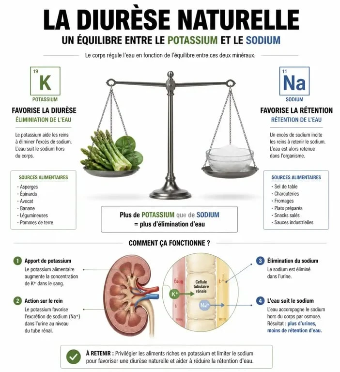 Infographie expliquant le mécanisme des aliments diurétiques et l'équilibre potassium-sodium pour la santé