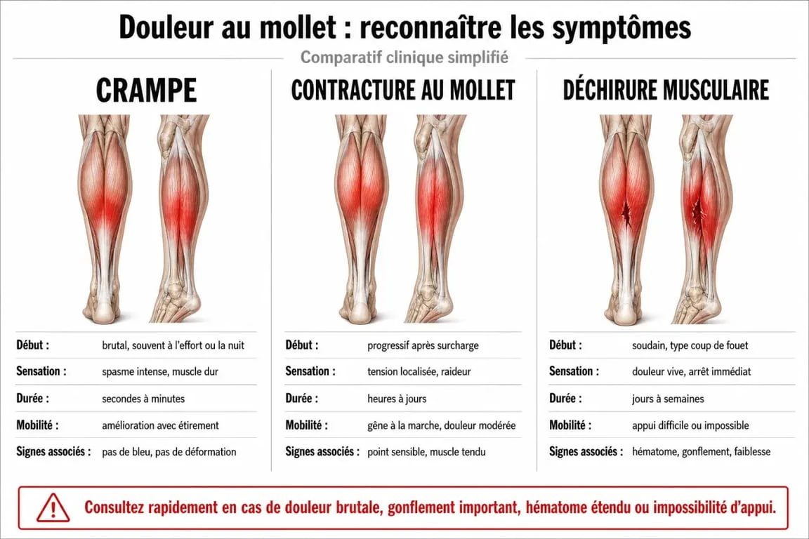 Infographie comparative des symptômes de la contracture au mollet, crampe et déchirure musculaire pour aider au diagnostic.