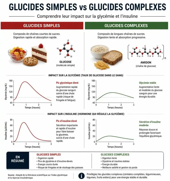 Infographie comparant les glucides simples et complexes et leur impact sur la glycémie pour comprendre si les glucides font grossir