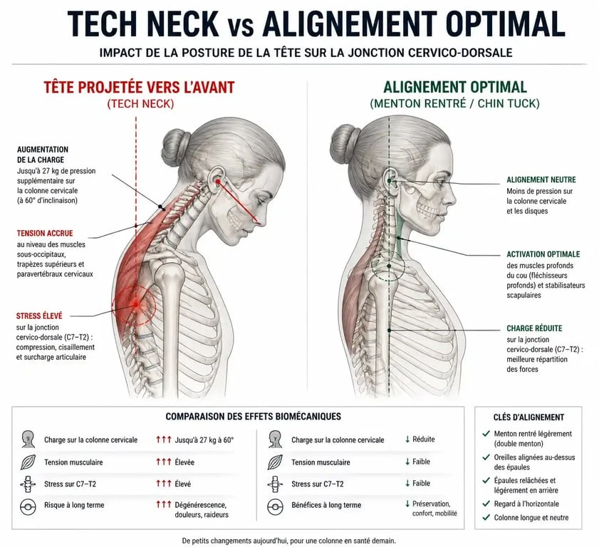 Schéma comparatif de la posture pour corriger la bosse de bison et le tech neck
