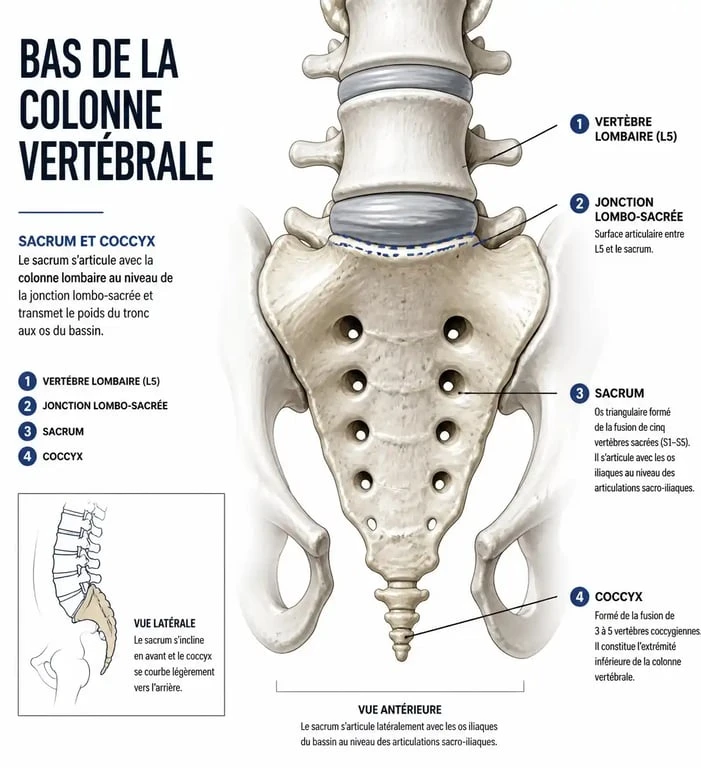 Schéma anatomique du sacrum et du coccyx pour comprendre les douleurs du bas du dos et du sacrum.