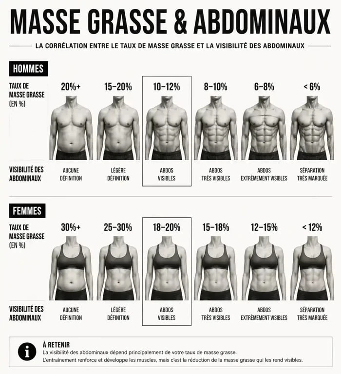 Infographie sur le taux de masse grasse pour avoir des abdos rapidement