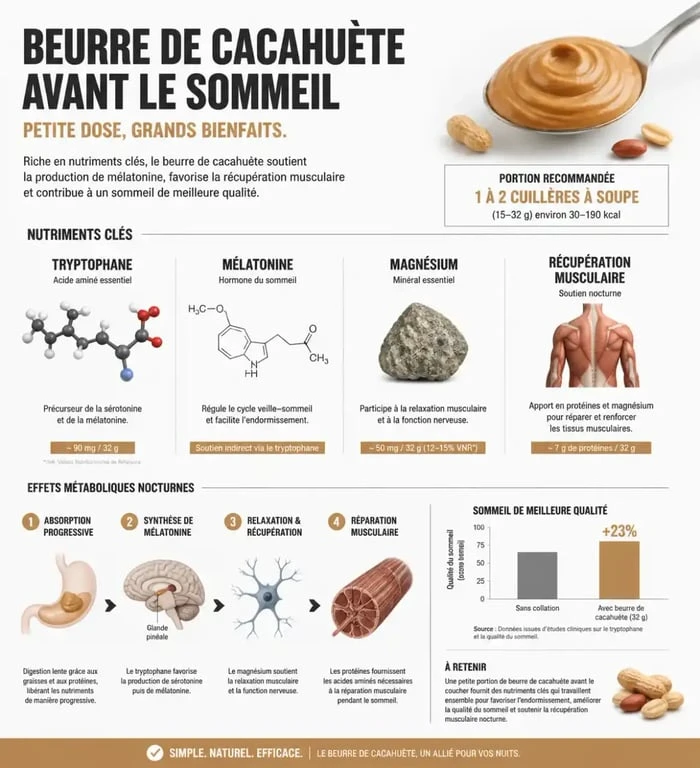 Infographie sur les bienfaits du beurre de cacahuète le soir pour le sommeil et la récupération musculaire