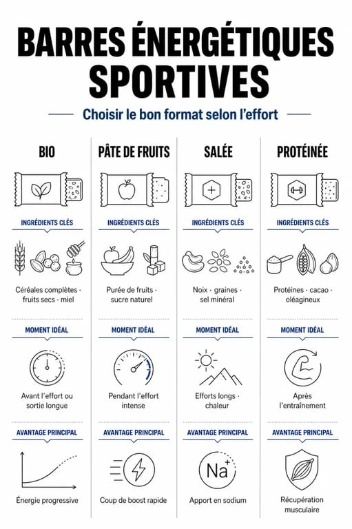 Infographie comparative des types de barres énergétiques pour sportifs