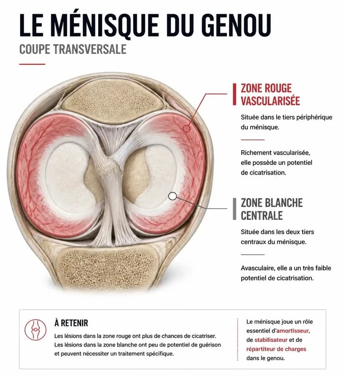 Schéma anatomique du ménisque : zone rouge et zone blanche pour la rééducation ménisque non opéré