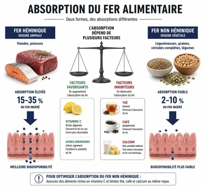 Infographie sur l'absorption du fer et les aliments pour manque de fer