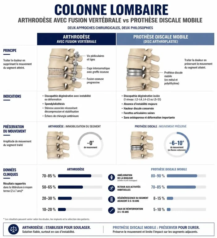 Schéma comparatif des traitements chirurgicaux pour la discopathie : arthrodèse versus prothèse discale.
