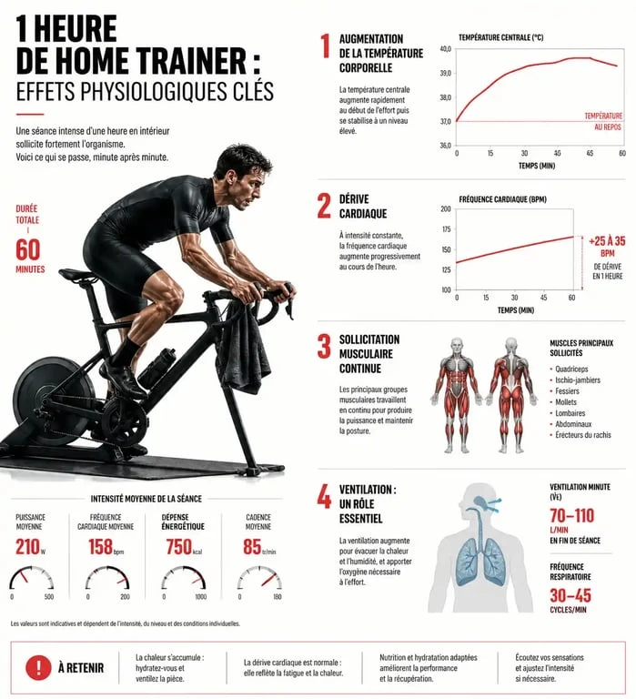Infographie sur les effets physiologiques et bénéfices d'une séance de 1h de home trainer par jour