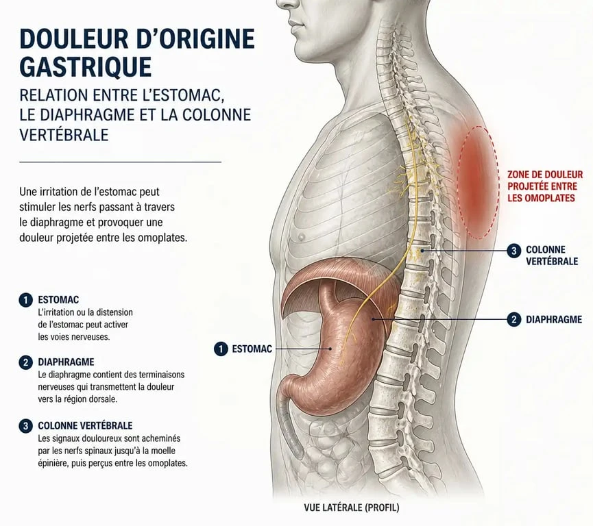 Schéma anatomique expliquant le lien entre la hernie hiatale et la douleur au dos entre les omoplates