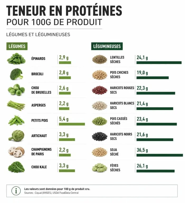 Infographie comparative des légumes riches en protéines pour 100g