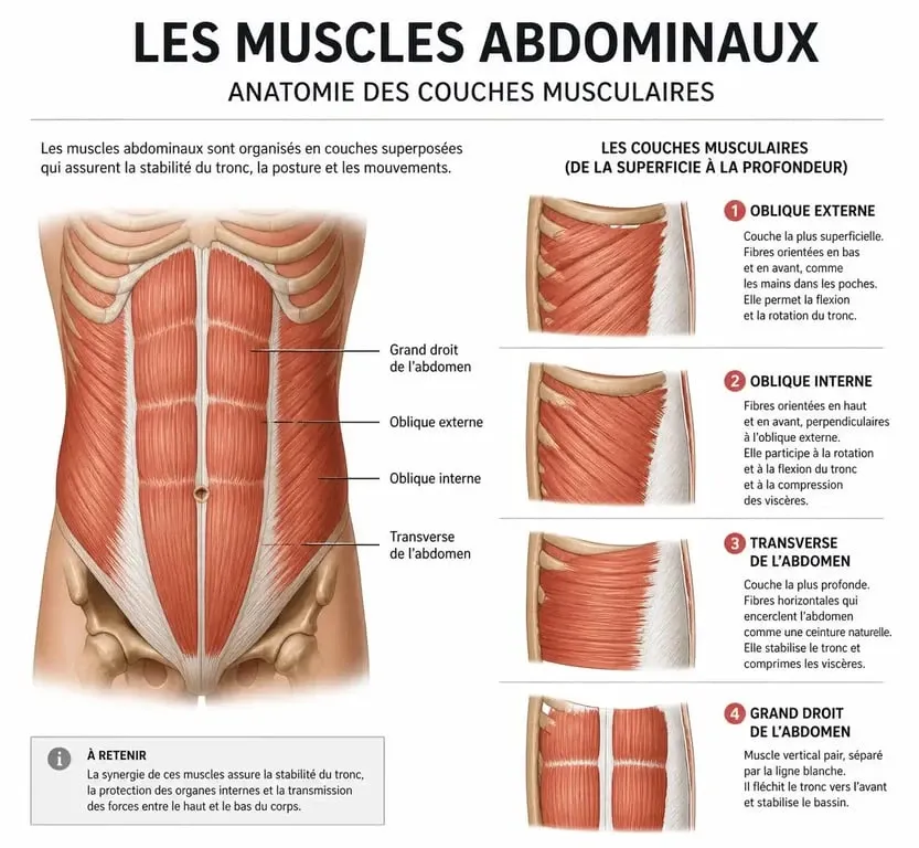 Schéma anatomique des muscles abdominaux antéro-latéraux : transverse, obliques et grand droit