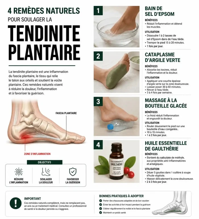 Infographie des remèdes naturels pour soulager une tendinite sous le pied
