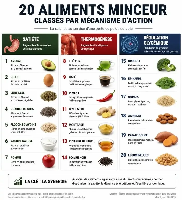 Infographie des 20 aliments qui font maigrir et leurs mécanismes d'action sur le métabolisme