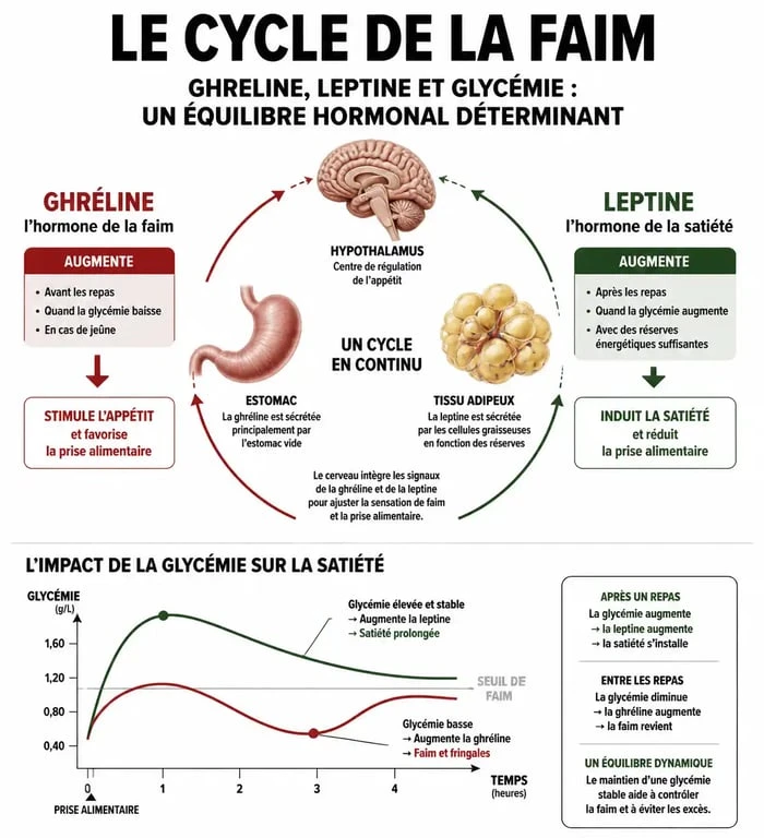 Infographie explicative sur les causes physiologiques de la faim constante et le rôle des hormones ghréline et leptine