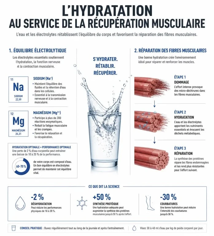 Infographie scientifique sur l'hydratation et la récupération musculaire pour soulager les courbatures
