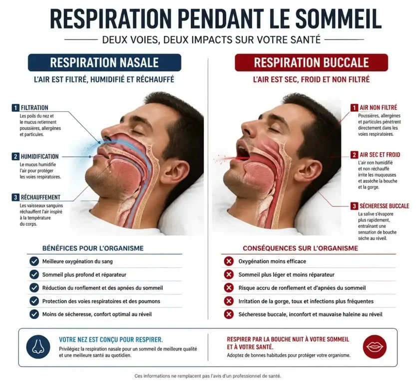 Schéma comparatif de la respiration nasale et buccale pendant le sommeil pour comprendre pourquoi dormir la bouche ouverte est déconseillé.