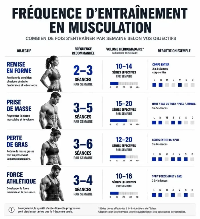 Infographie sur la fréquence idéale de musculation par semaine selon les objectifs