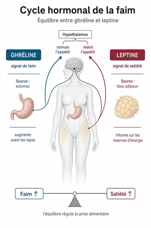 Schéma explicatif des hormones de la faim ghréline et leptine pour comprendre la sensation de faim permanente dans l'estomac