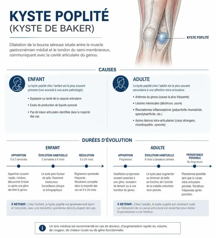 Infographie sur la durée d'évolution d'un kyste poplité et ses facteurs de risque
