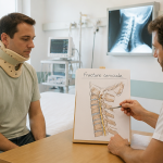 Patient avec collier pour fracture cervicales et kinésithérapeute